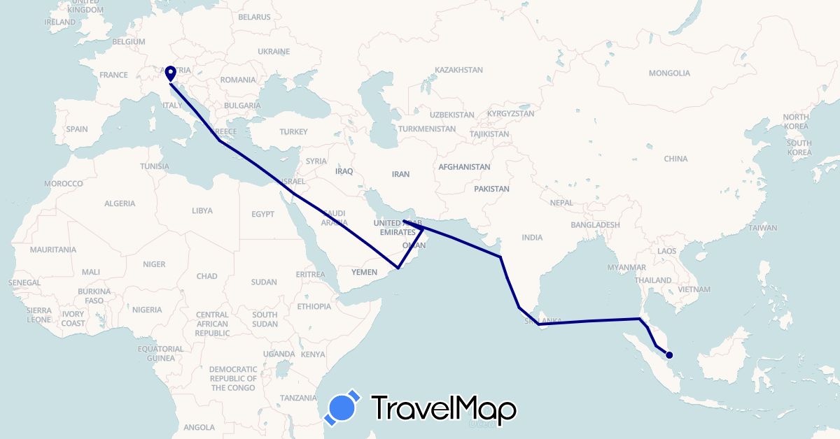 TravelMap itinerary: driving in United Arab Emirates, Greece, India, Italy, Jordan, Sri Lanka, Malaysia, Oman, Singapore, Thailand (Asia, Europe)